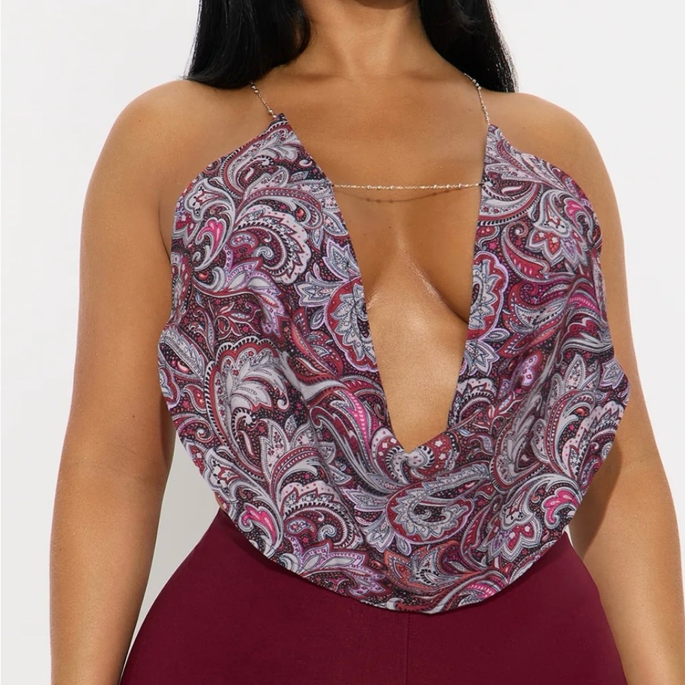 Fashion Nova Paisley Deep V Blouse - Pink and Purple
